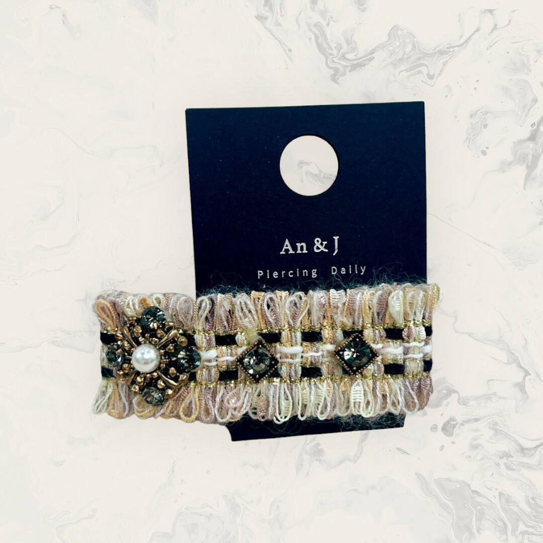 韓國直送髮飾 中金邊菱框黑鋯側古銅金菱形混色毛線編織長方髮夾