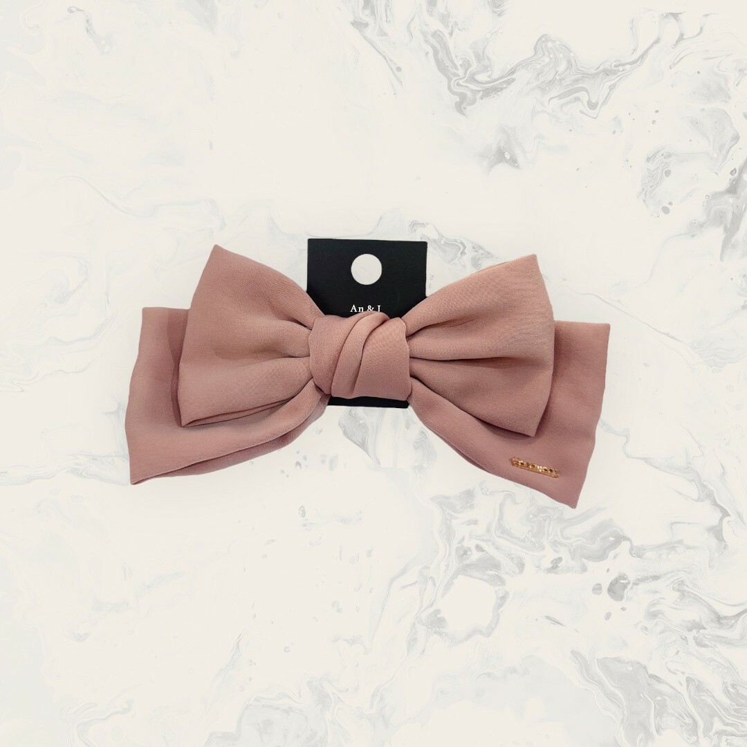 韓國直送髮飾 右下英文金標蜜桃絨雙層蝴蝶結彈夾