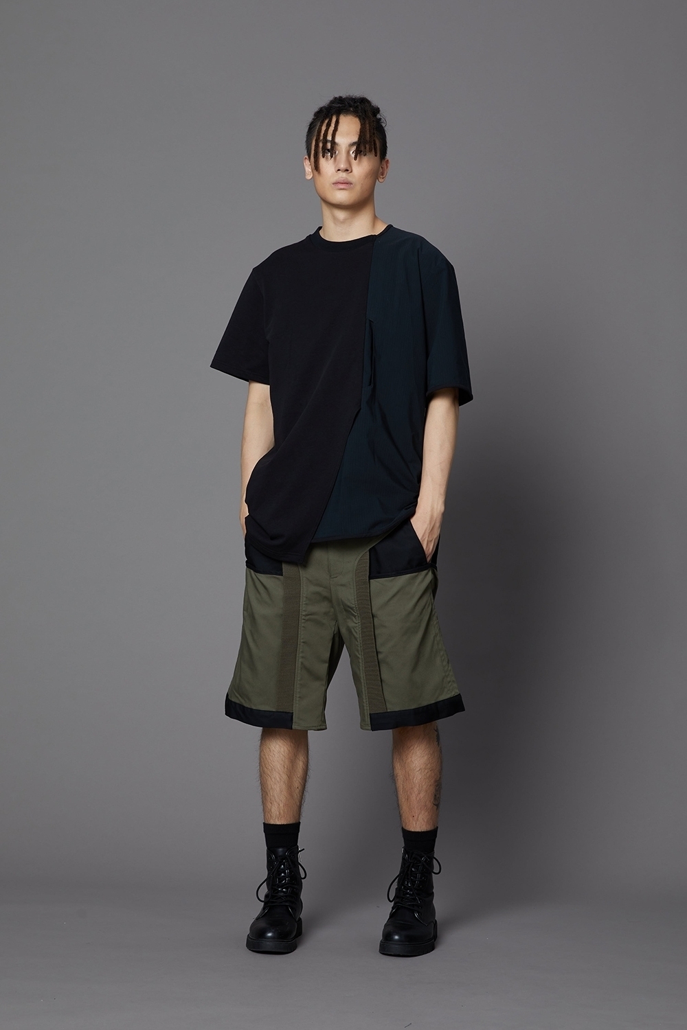 多剪接短褲-墨綠