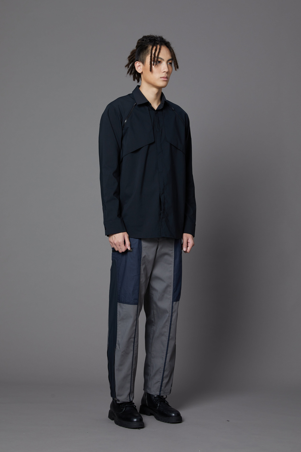 腰羅紋多拼接長褲-灰