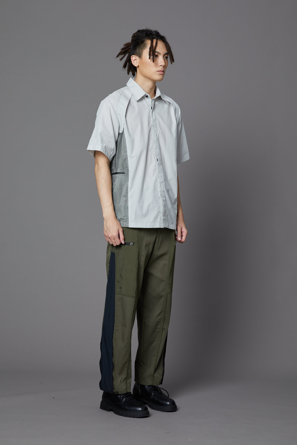 腰羅紋多拼接長褲-軍綠