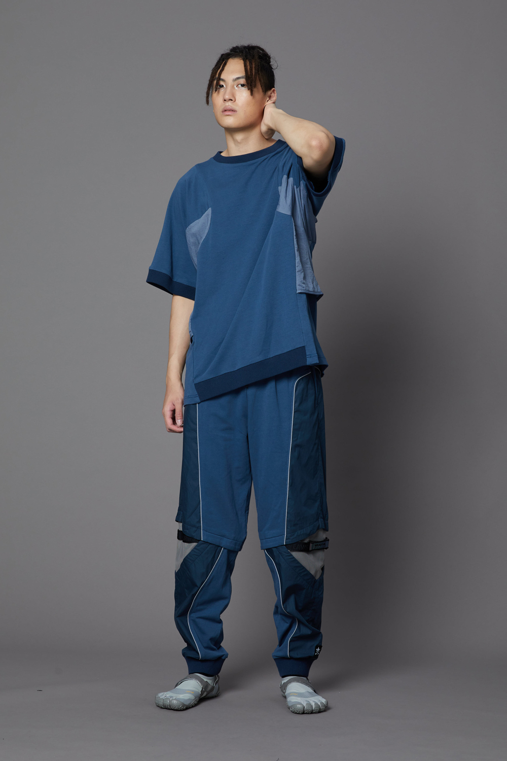 膝開口異形束口長褲-藍