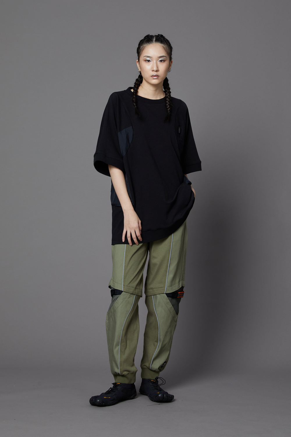 膝開口異形束口長褲-軍綠