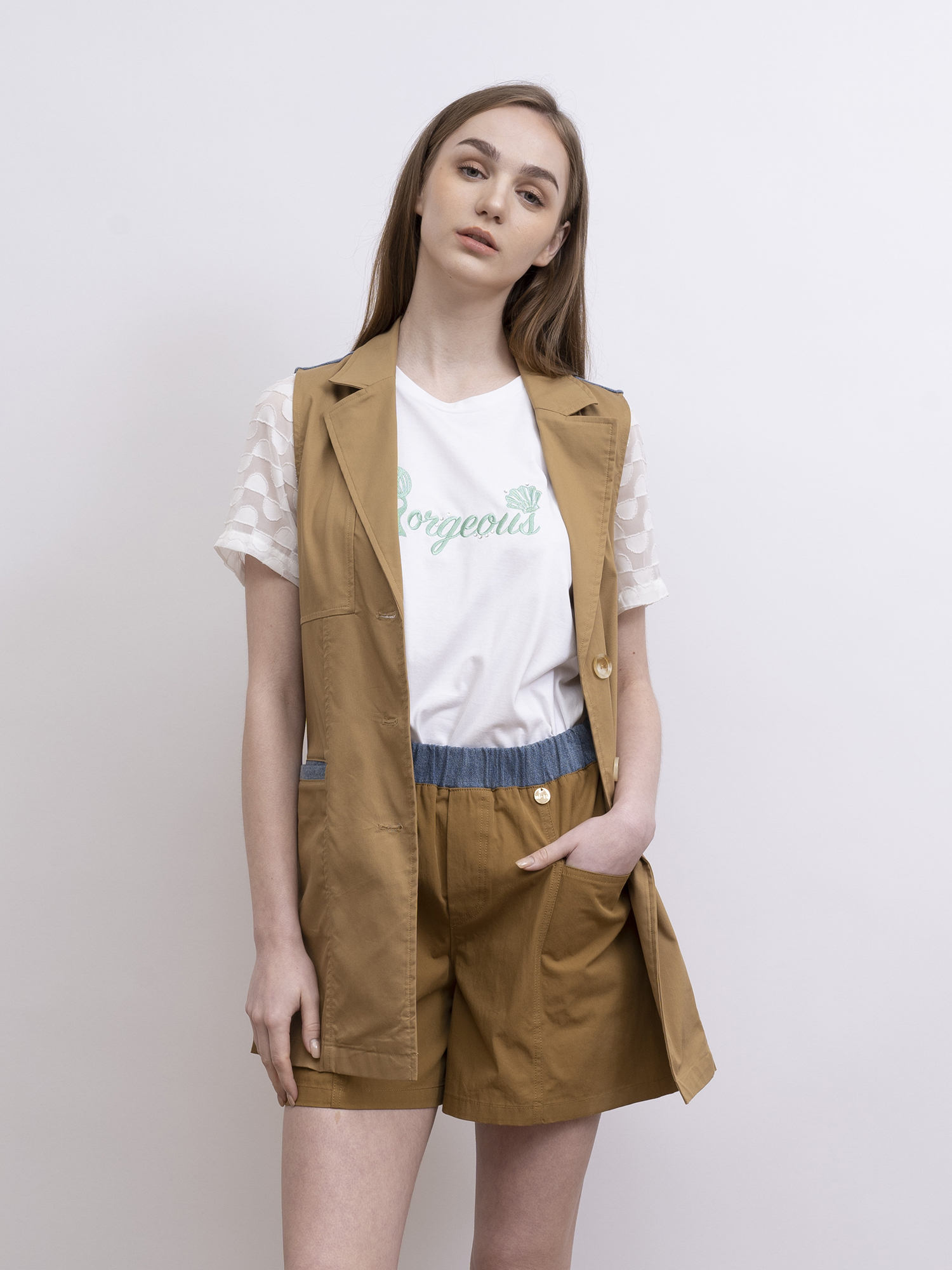 mi-tu 拼牛仔布背心外套