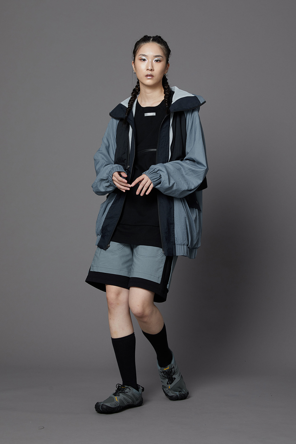 活片壓線短褲-淺藍