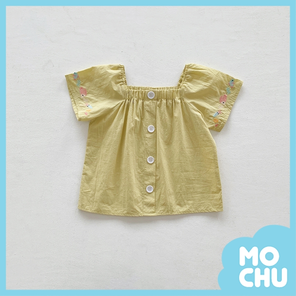 刺繡小魚兒一字肩方領上衣(四色)