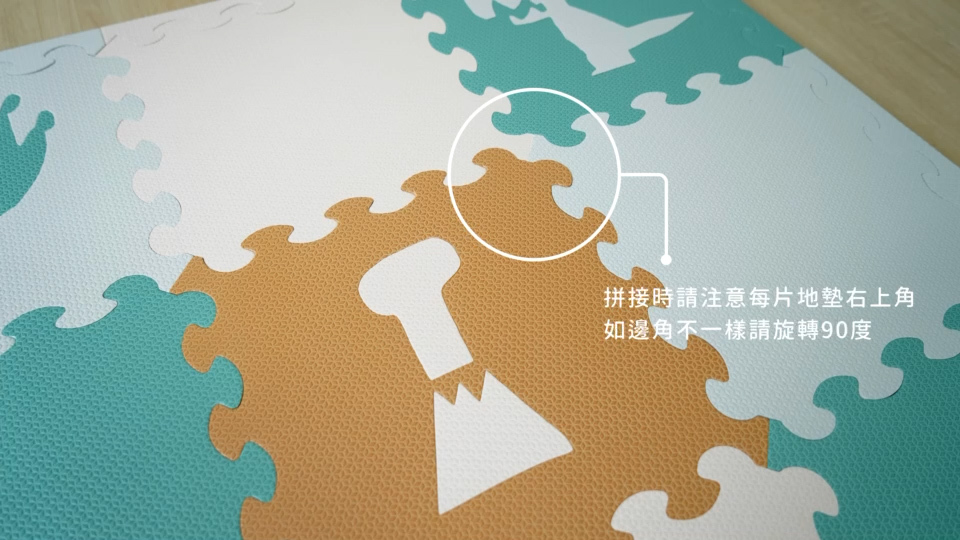 拼接時請注意每片地墊右上角，如邊角不一樣，請旋轉90度