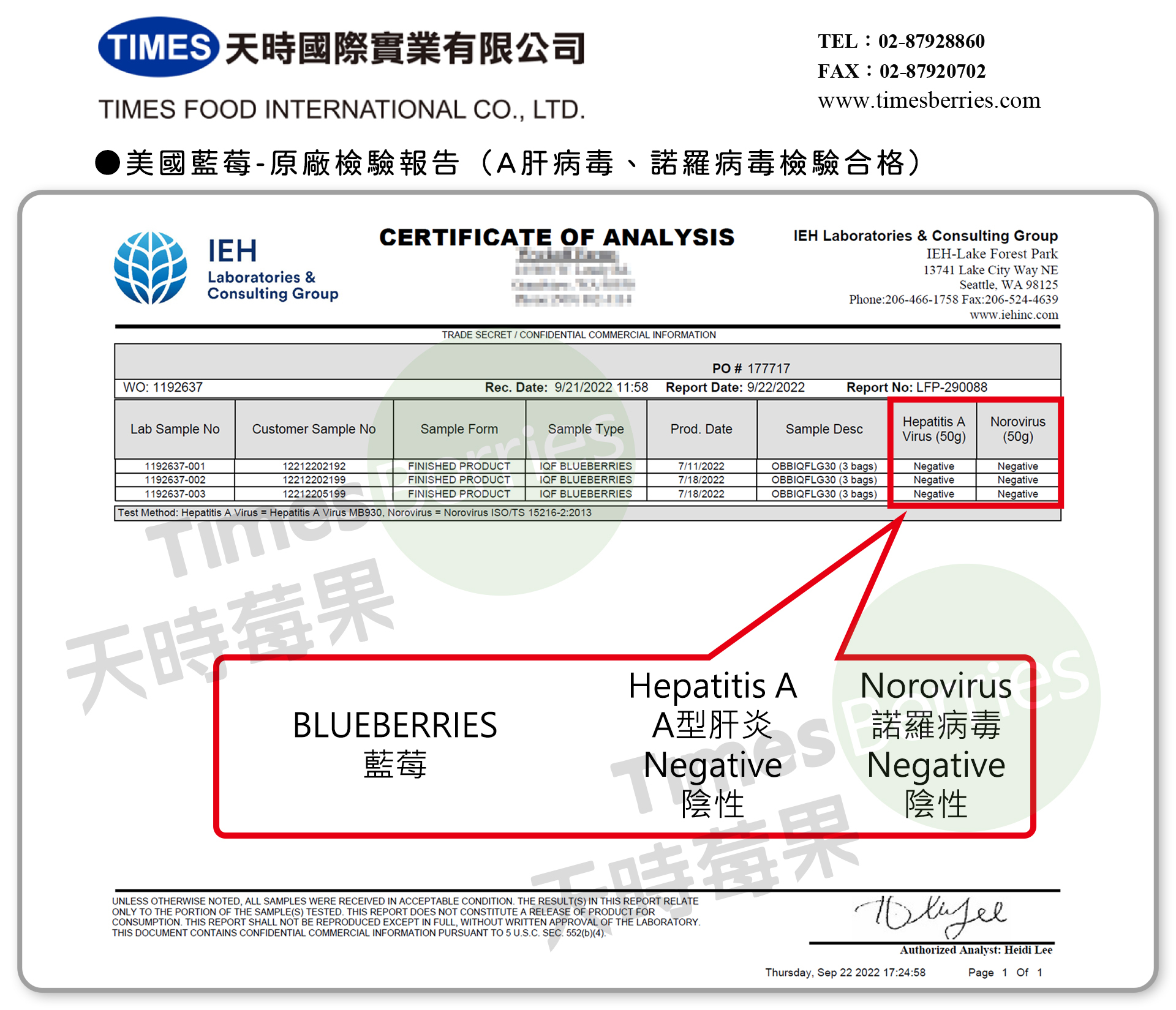 美國藍莓-原廠檢驗報告（A肝病毒、諾羅病毒檢驗合格） ∣ 天時莓果