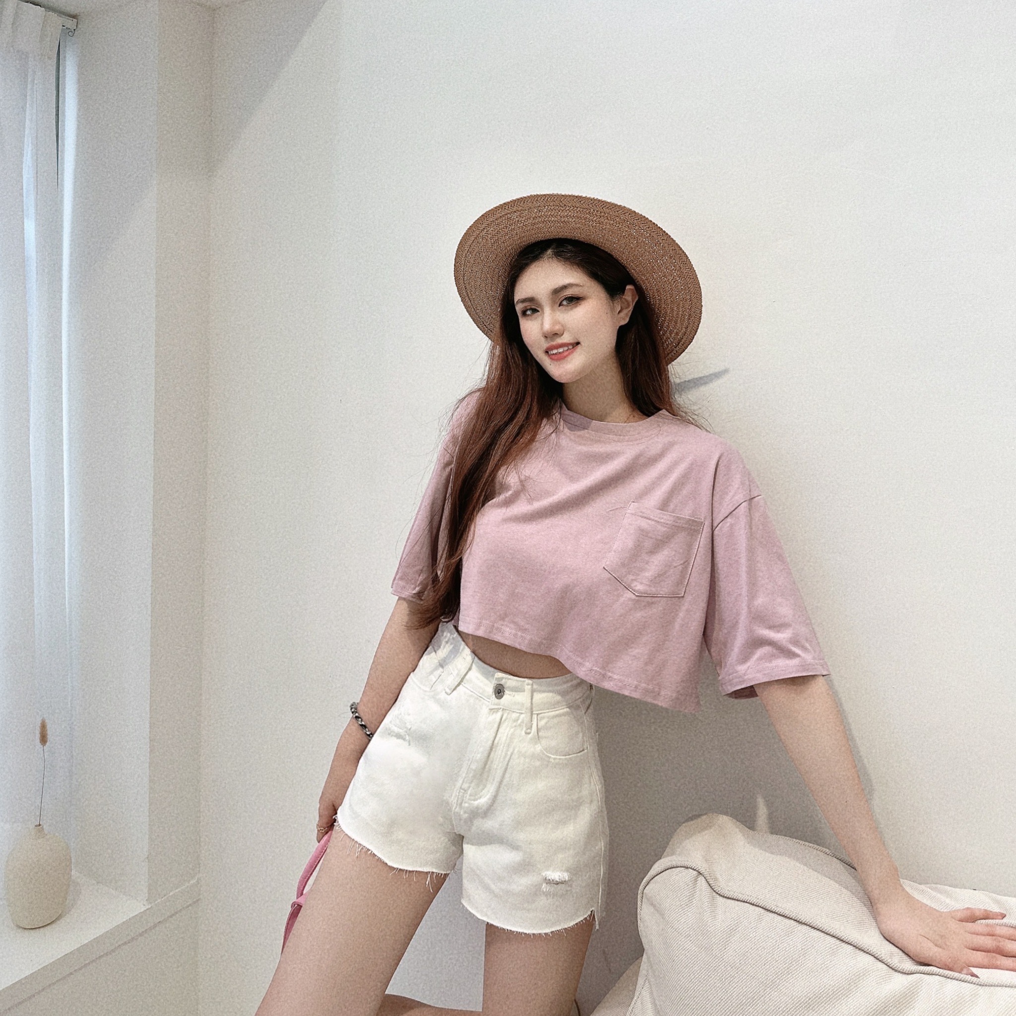 韓國素色落肩短版上衣/五色/小口袋設計