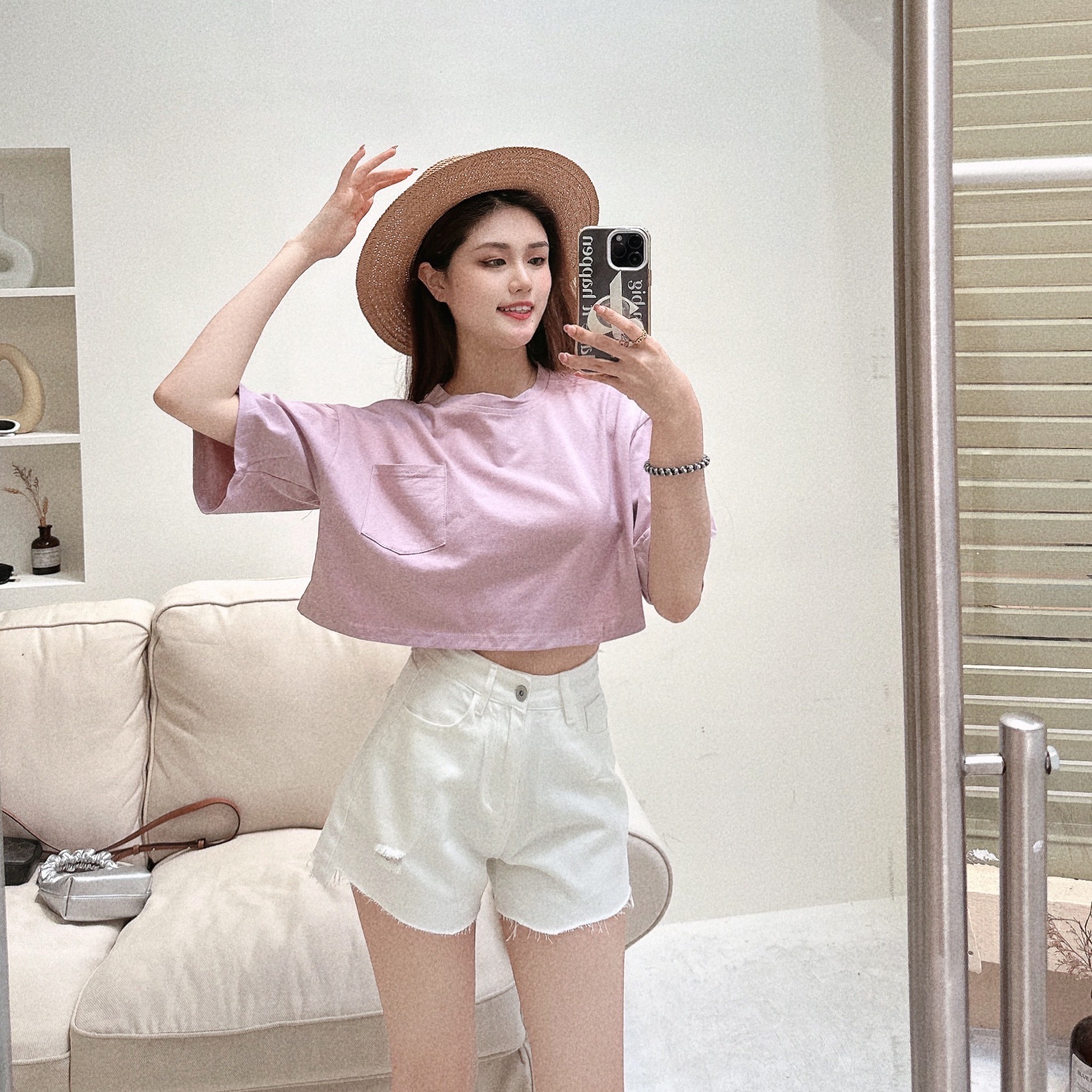 韓國素色落肩短版上衣/五色/小口袋設計