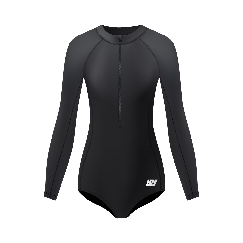 女士簡約 LOGO 前拉鏈長袖雙層連體泳衣 - 黑
