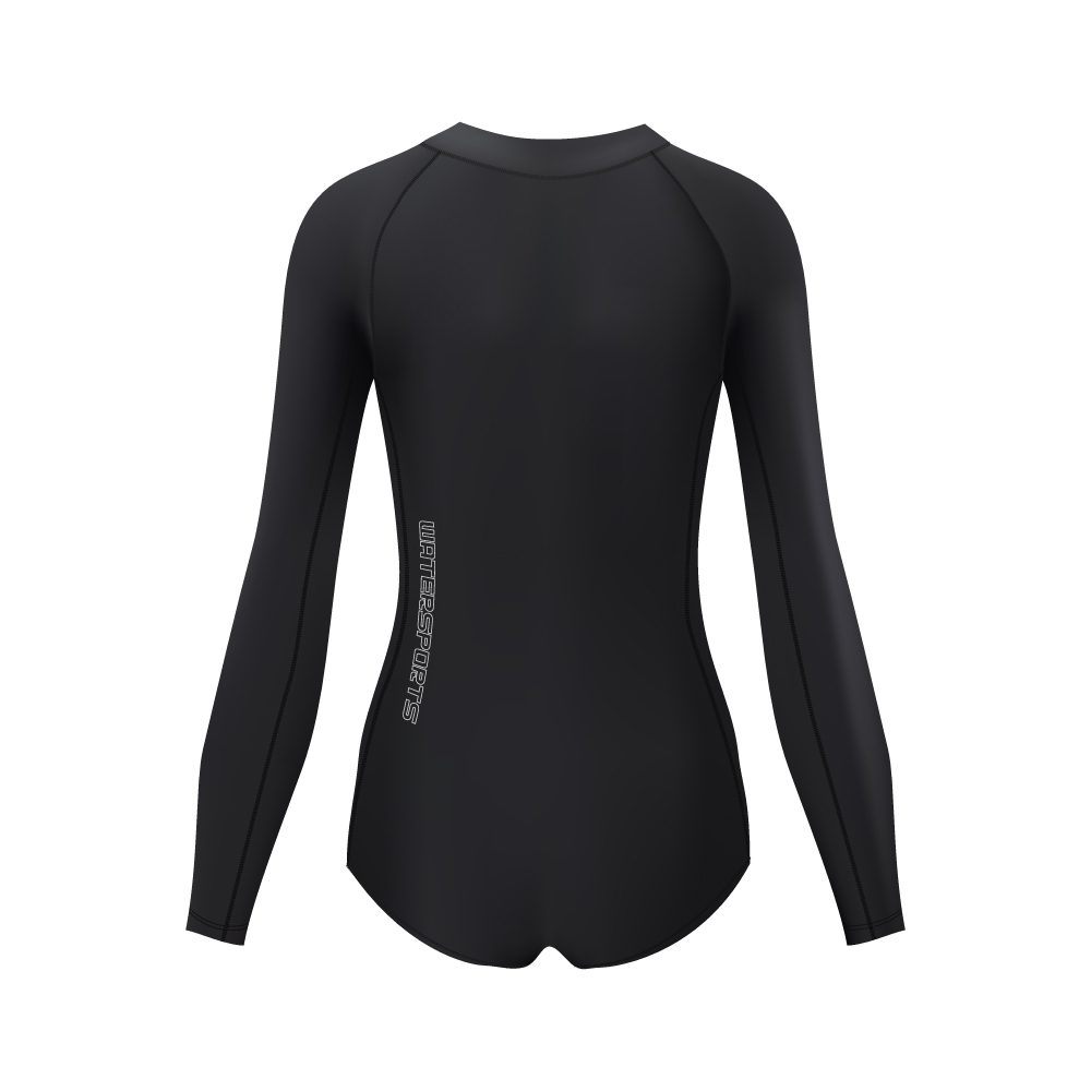 女士簡約 LOGO 前拉鏈長袖雙層連體泳衣 - 黑