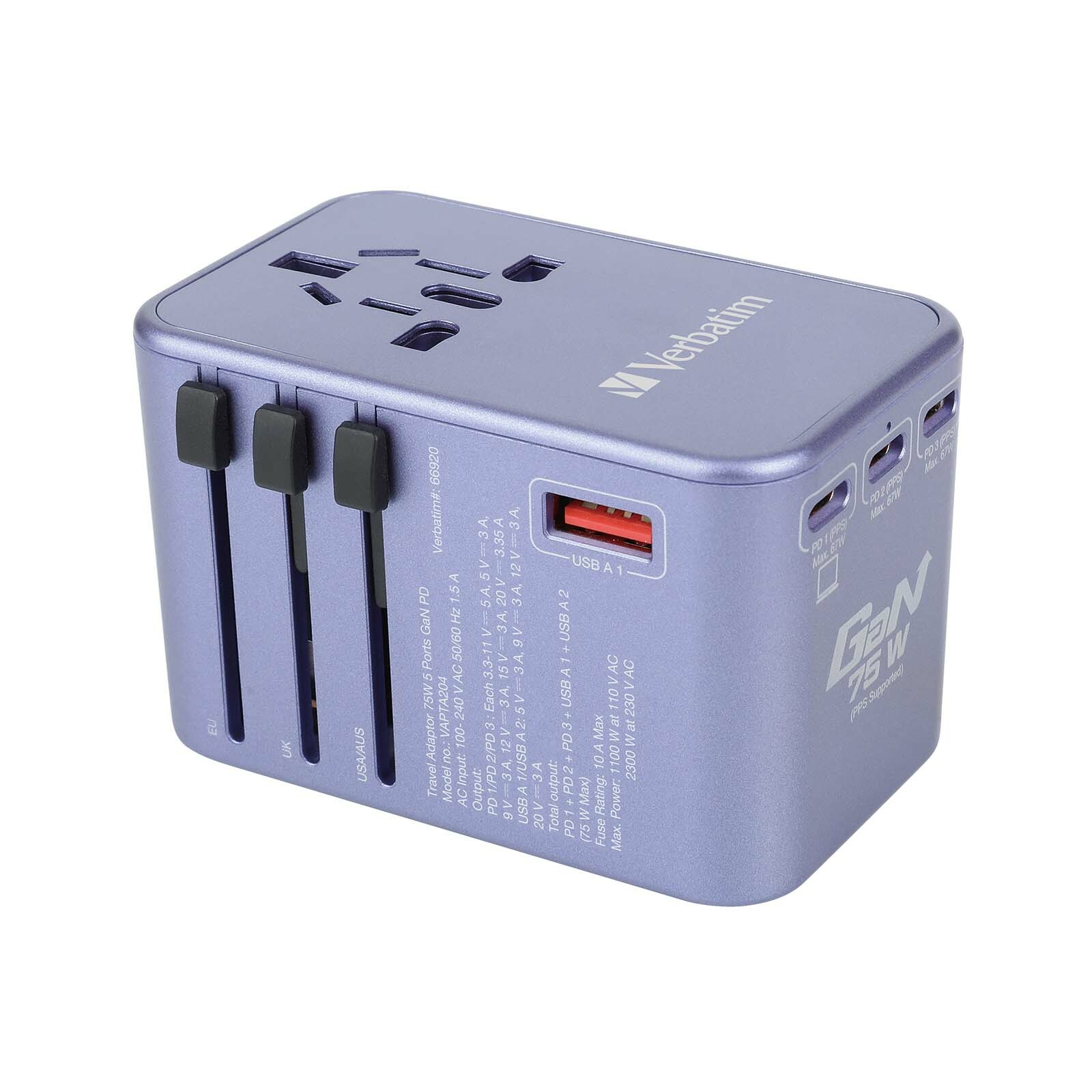 5 端口 75W PD 3.0 & QC 3.0 GaN 通用旅行轉插