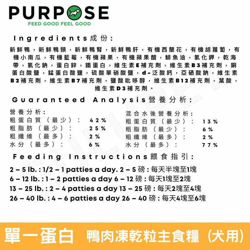 PURPOSE 凍乾脫水生肉-單一蛋白狗主糧鴨肉 14oz