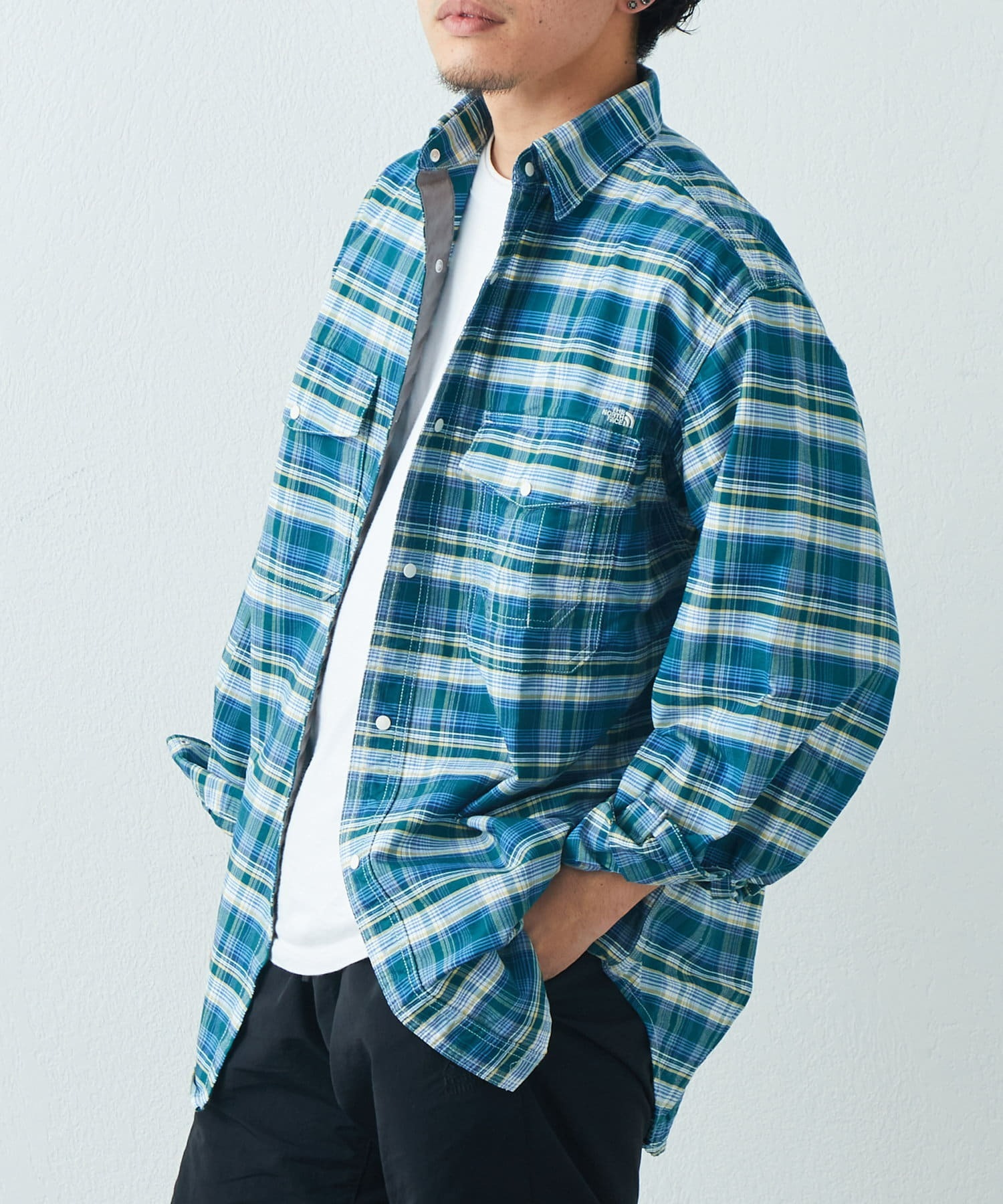 日本代購 紫標 THE NORTH FACE 北臉 工裝襯衫 格紋 日系休閒 綠藍色 MAY-