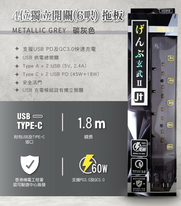 日本剛 MEC 4位拖板 支援PD & QC 3.0 (2個Type-C+2個USB插口 45W+18W輸出)