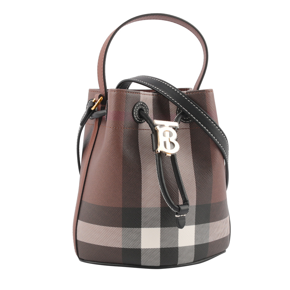 【BURBERRY】TB 格紋帆布拼皮革迷你水桶包