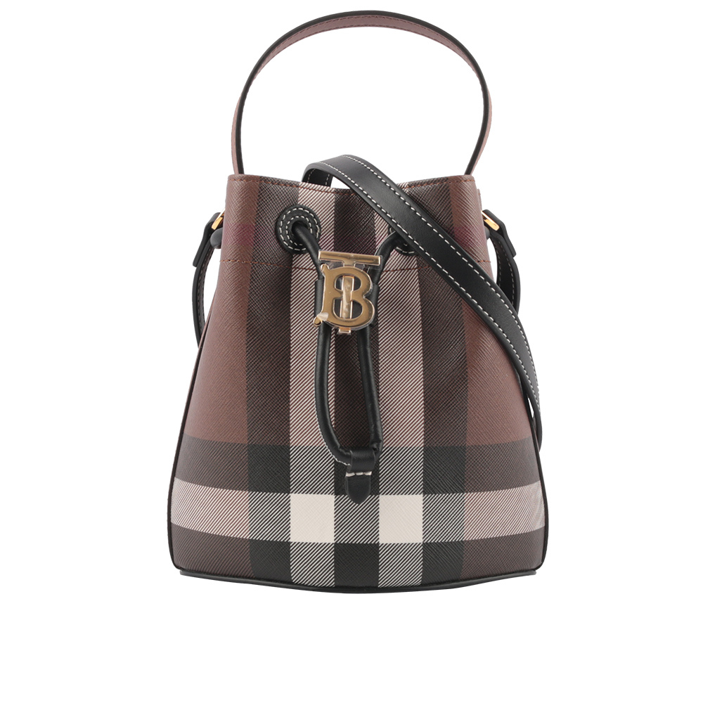 【BURBERRY】TB 格紋帆布拼皮革迷你水桶包