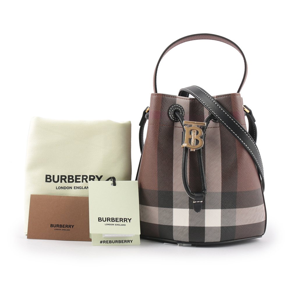 【BURBERRY】TB 格紋帆布拼皮革迷你水桶包(暗樺木棕色)