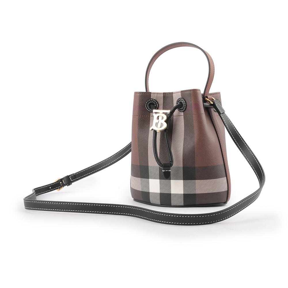 【BURBERRY】TB 格紋帆布拼皮革迷你水桶包(暗樺木棕色)