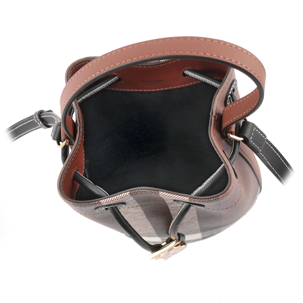 【BURBERRY】TB 格紋帆布拼皮革迷你水桶包(暗樺木棕色)