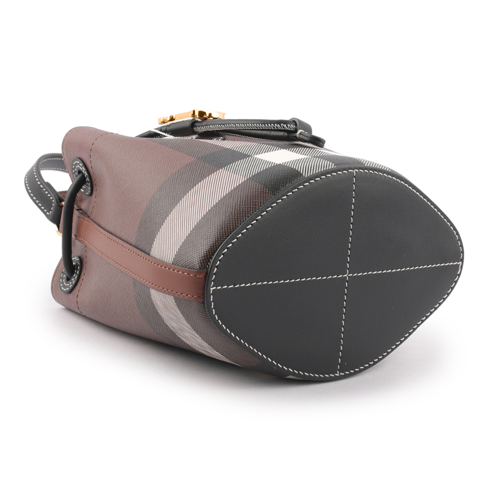 【BURBERRY】TB 格紋帆布拼皮革迷你水桶包(暗樺木棕色)