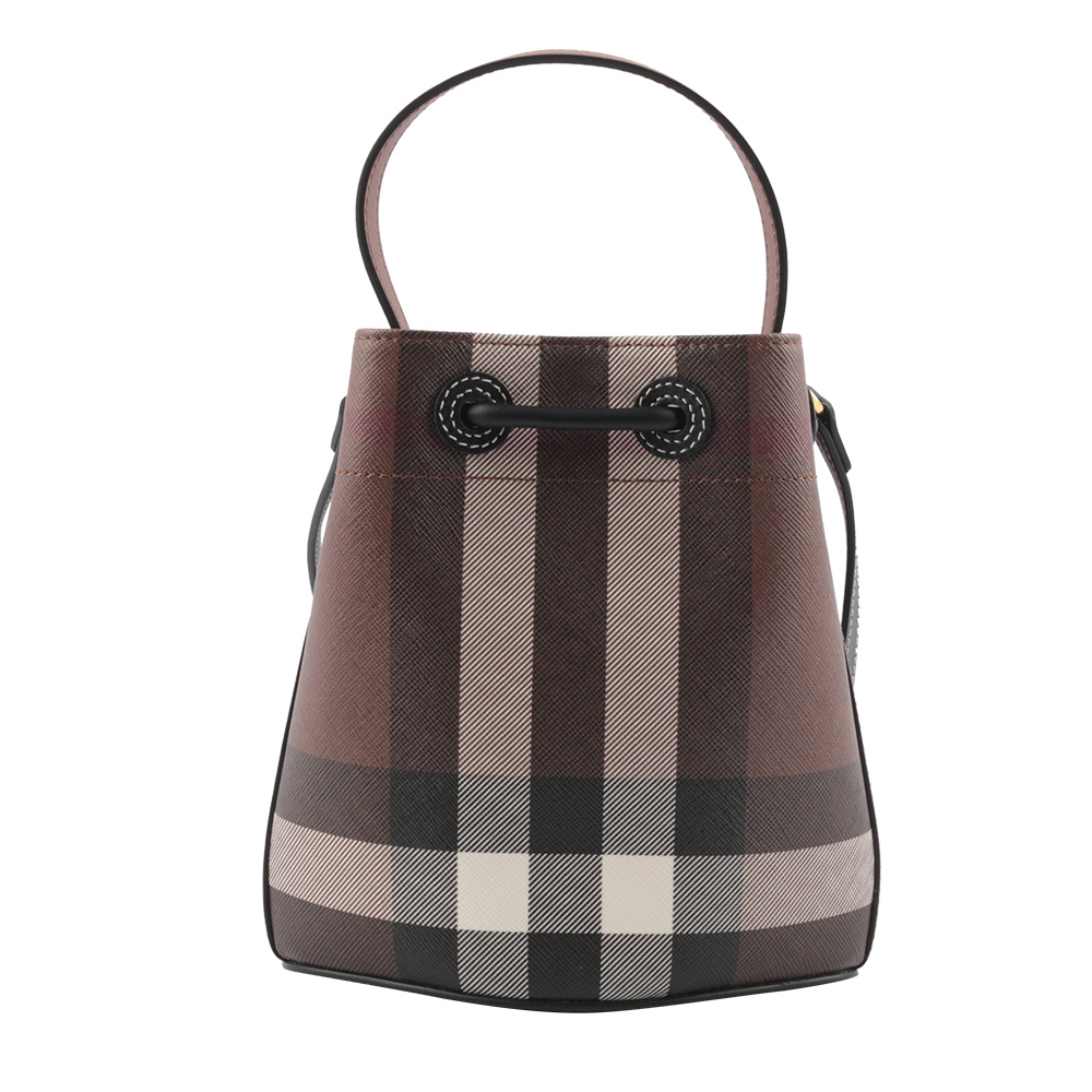 【BURBERRY】TB 格紋帆布拼皮革迷你水桶包(暗樺木棕色)