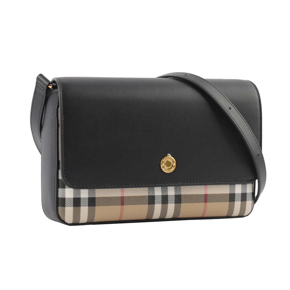 【BURBERRY】Penny 格紋帆布拼小牛皮翻蓋斜背包(經典米色/黑色)