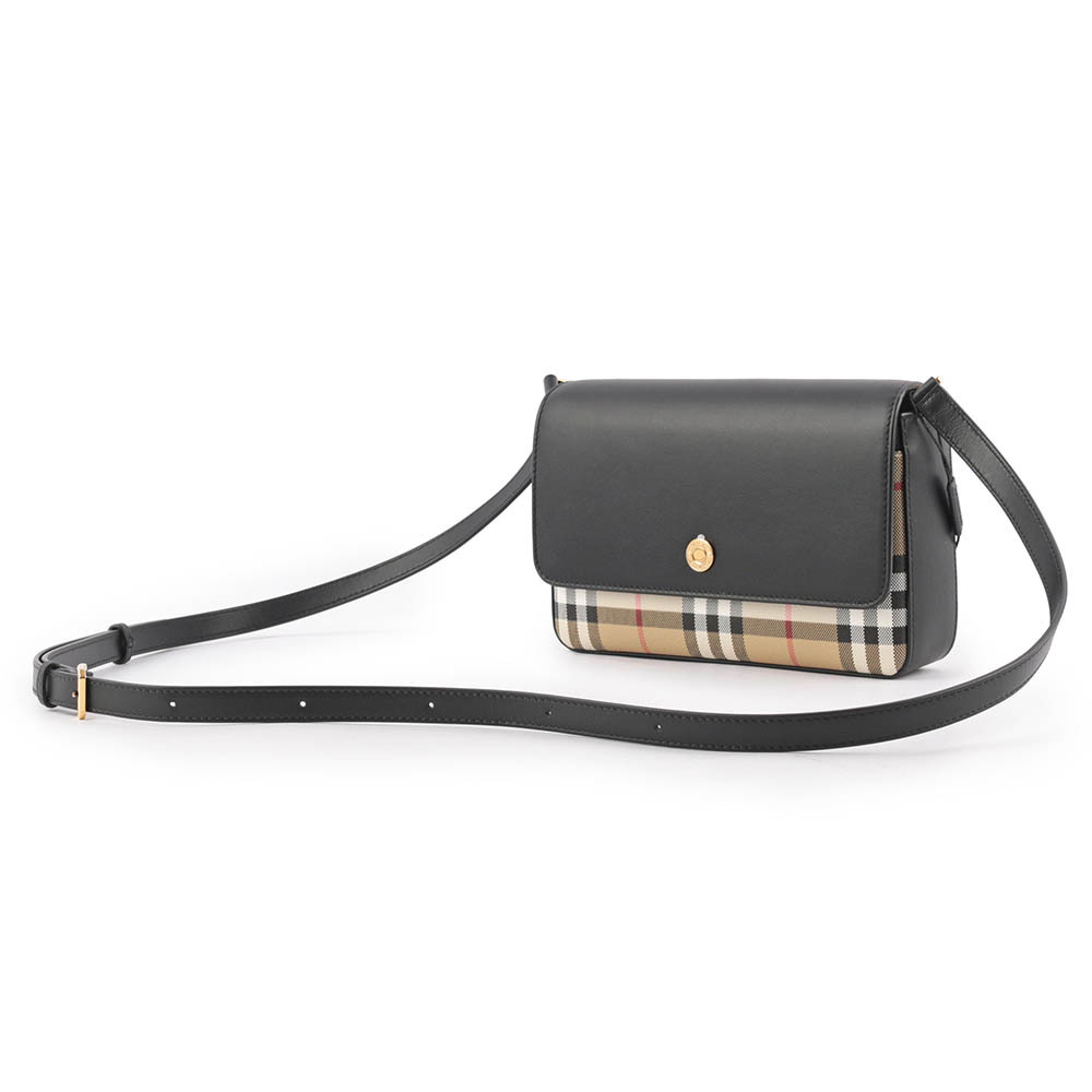 【BURBERRY】Penny 格紋帆布拼小牛皮翻蓋斜背包(經典米色/黑色)