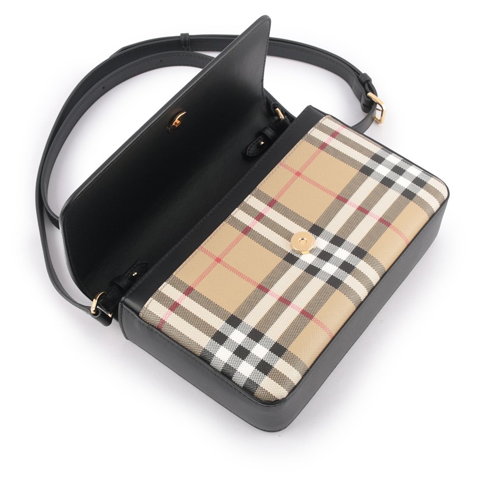 【BURBERRY】Penny 格紋帆布拼小牛皮翻蓋斜背包(經典米色/黑色)