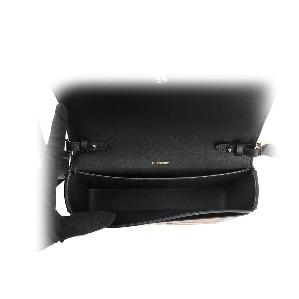 【BURBERRY】Penny 格紋帆布拼小牛皮翻蓋斜背包(經典米色/黑色)