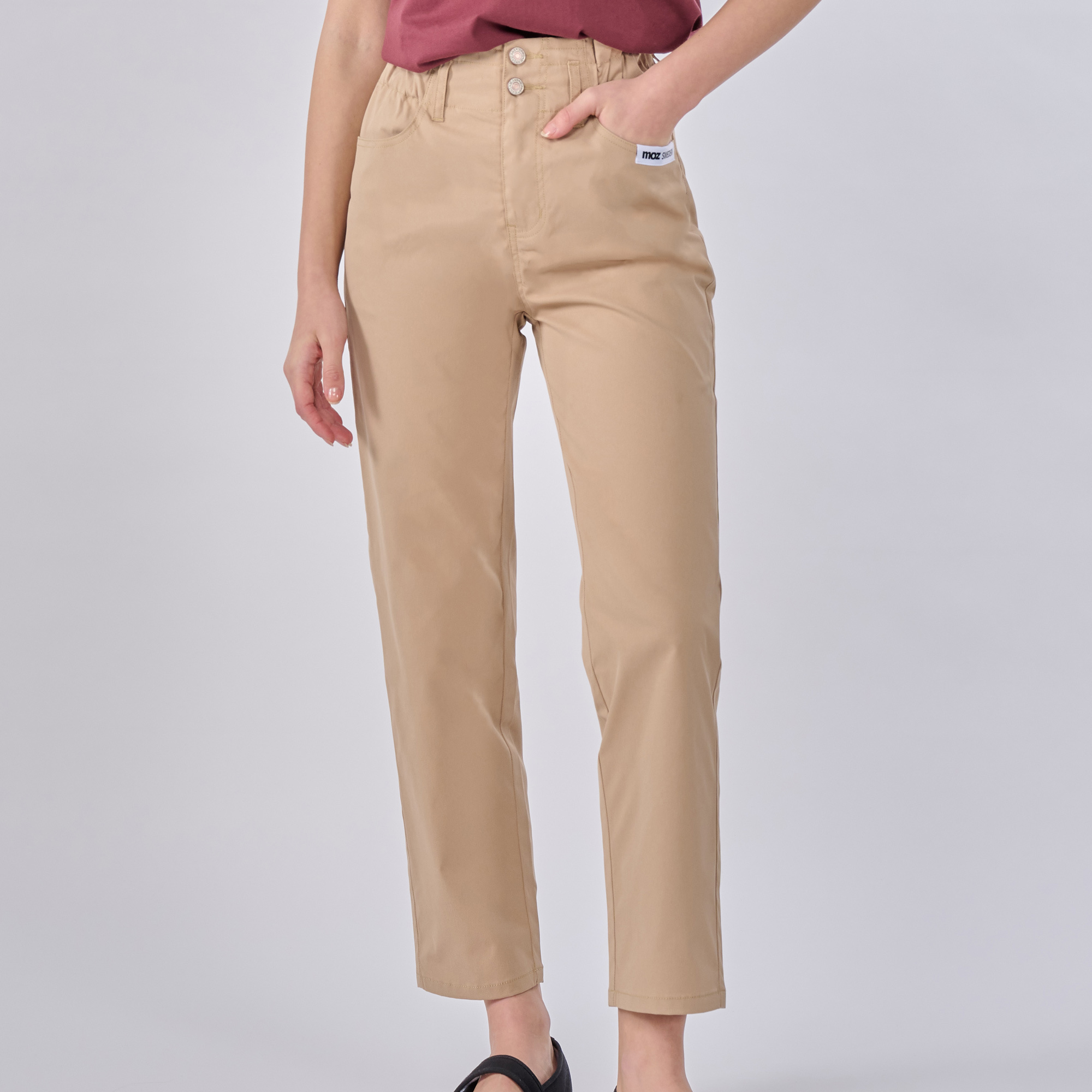 moz Sweden moose casual high waist elastic flower bud pants(milktea)