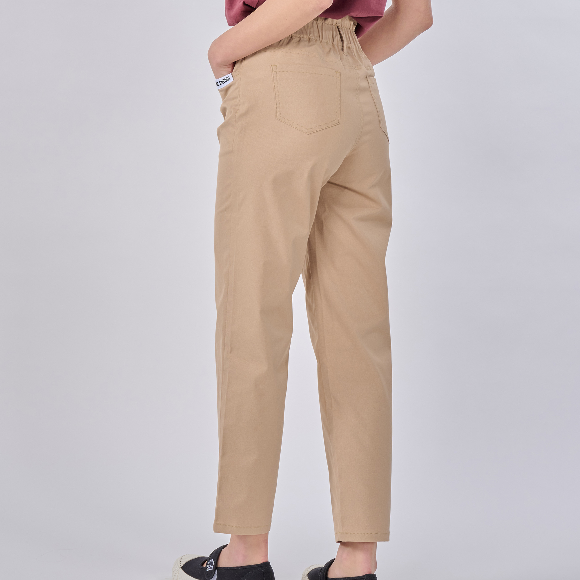 moz Sweden moose casual high waist elastic flower bud pants(milktea)