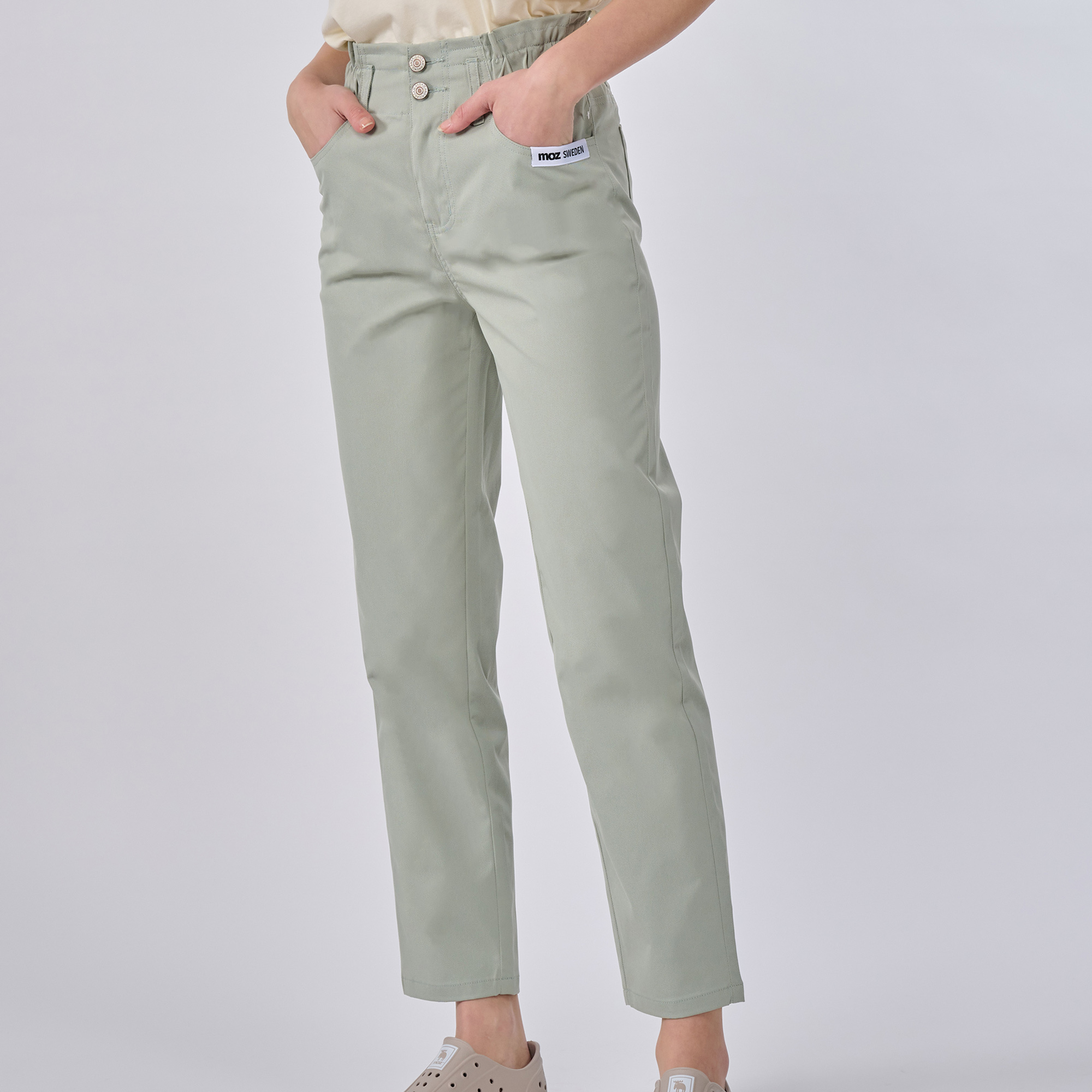 moz Sweden moose casual high waist elastic flower bud pants(green)