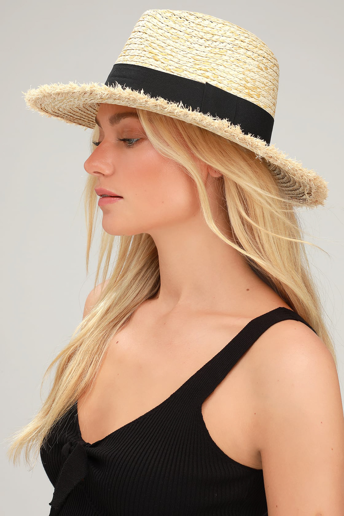 Boater 平底黑色飾帶草帽