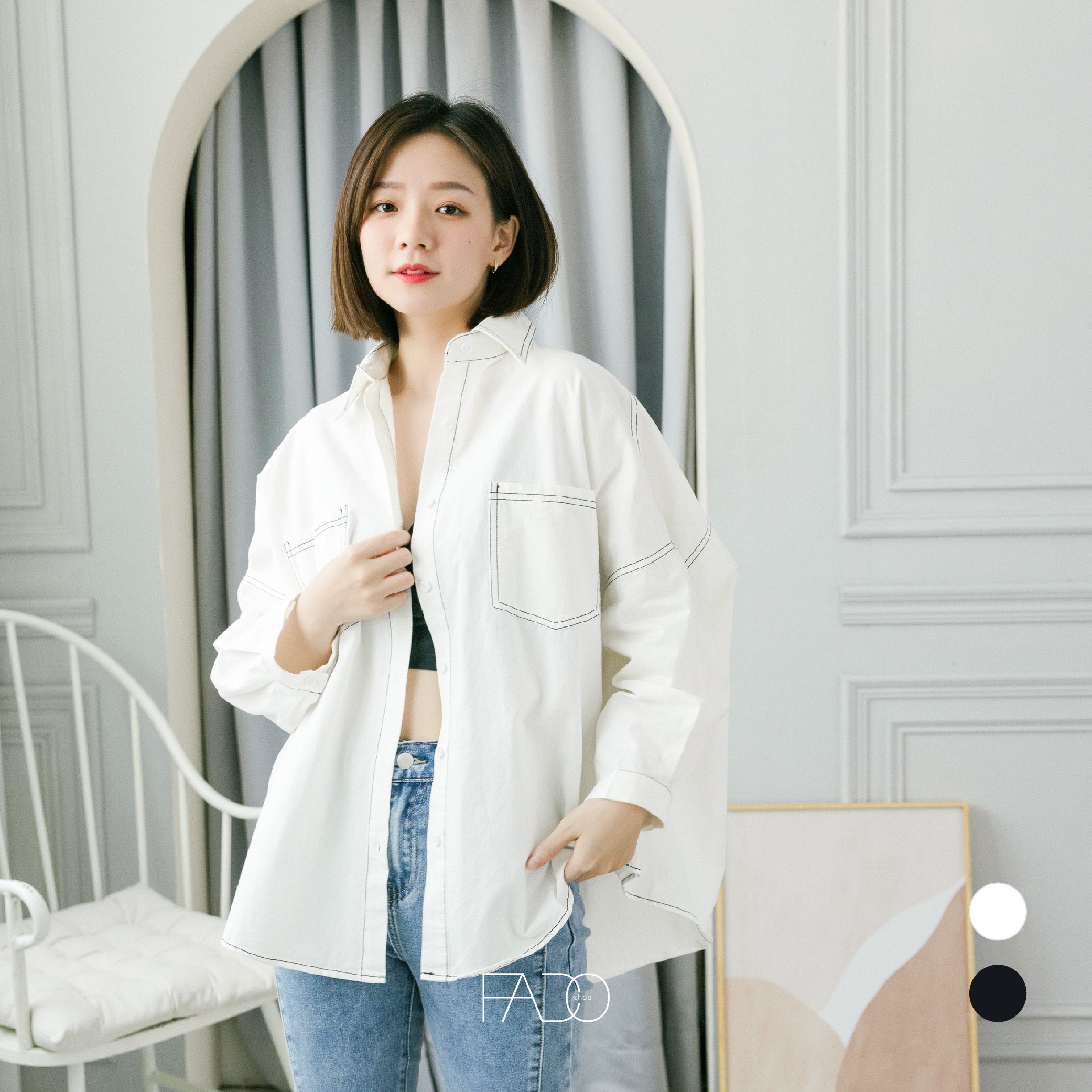 法朵Fado Shop｜反車線雙口袋襯衫外套 872C001 黑/白