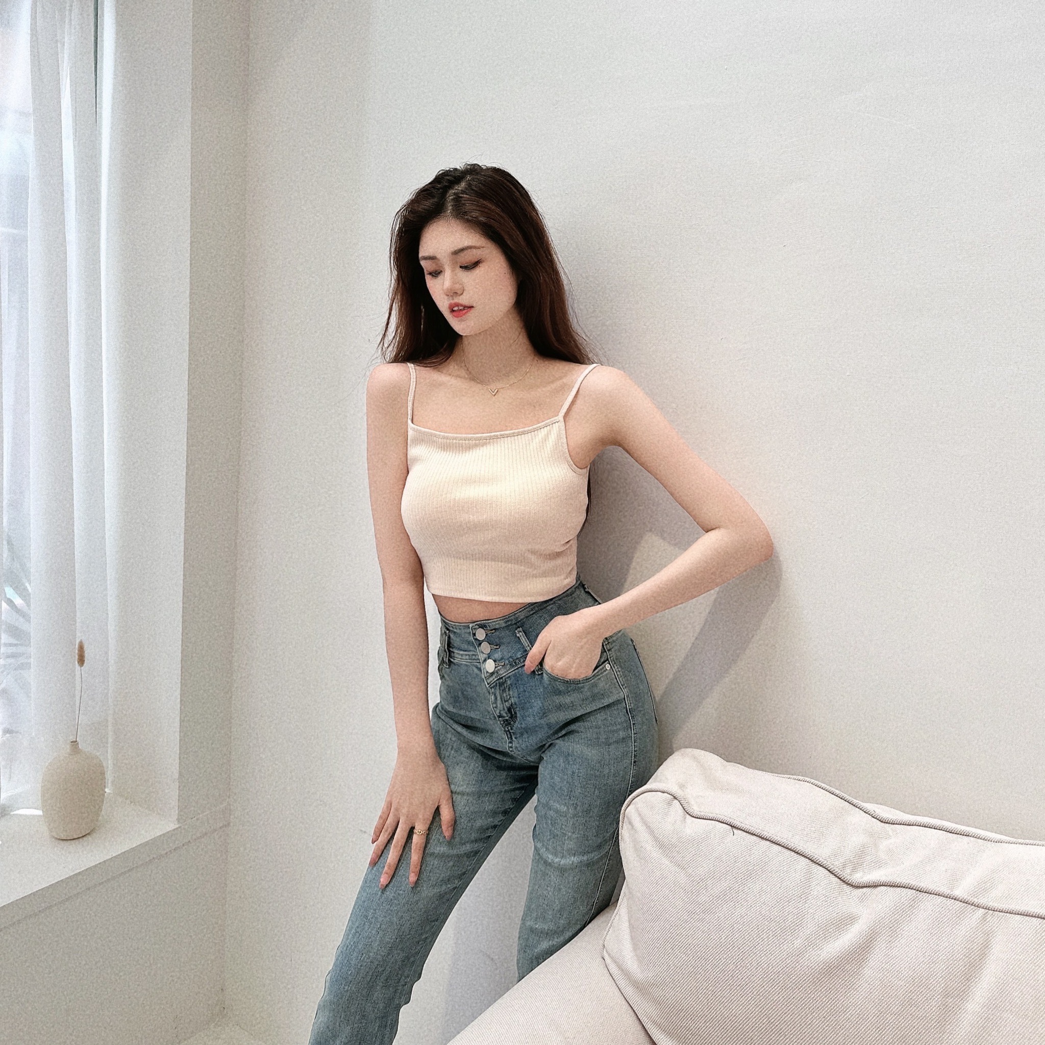 韓國平口坑紋細肩帶bra top/五色