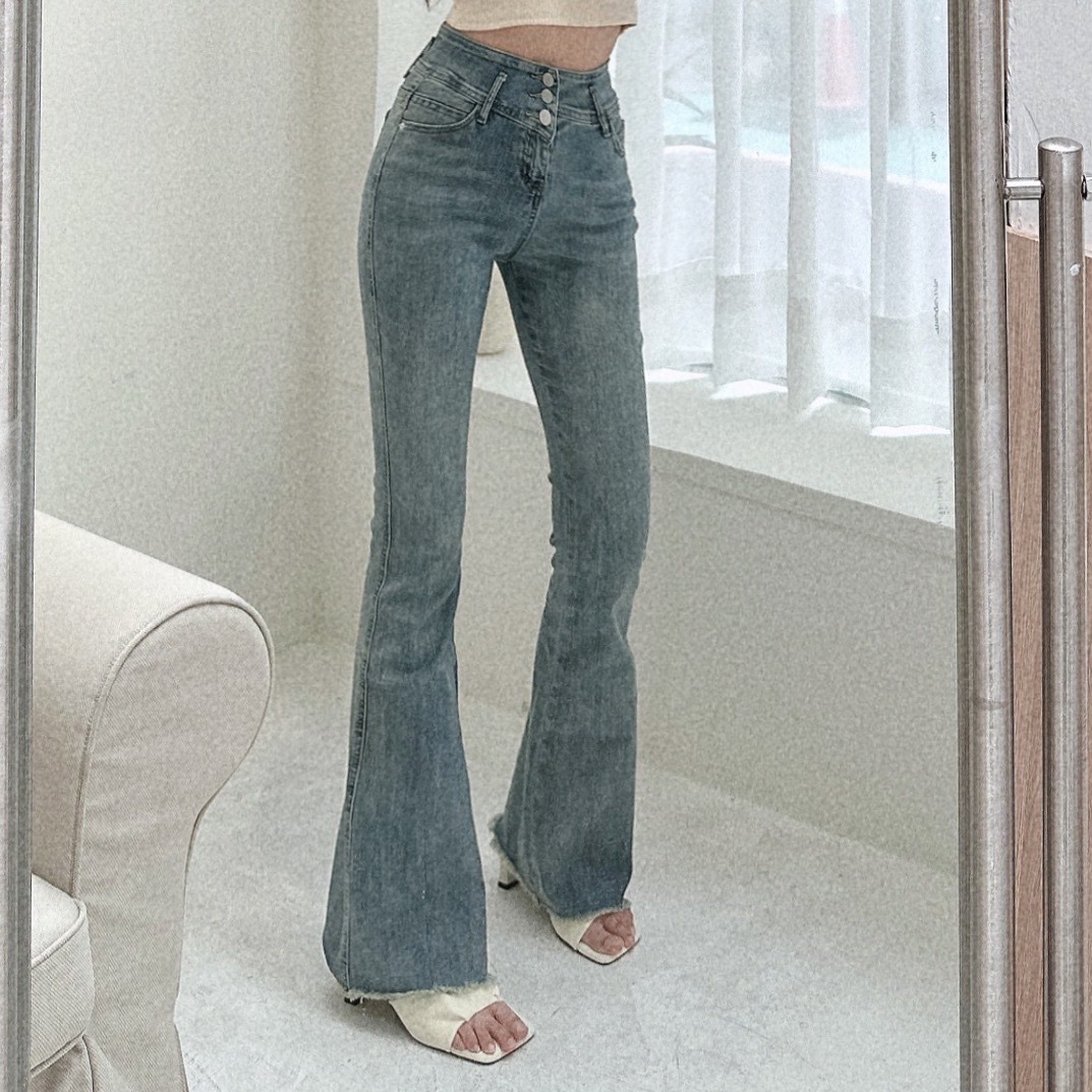 逆天長腿下抽鬚高腰牛仔喇叭褲/四色