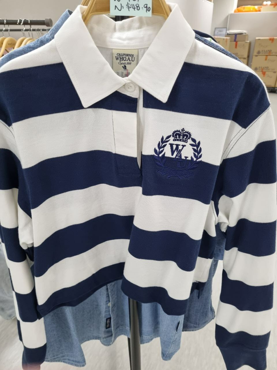 [K] WHO.A.U WOMEN'S CROPPED RUGBY LONG SLEEVE TEE,NAVY, WHLAD2338F-NAVY (KWAU582)