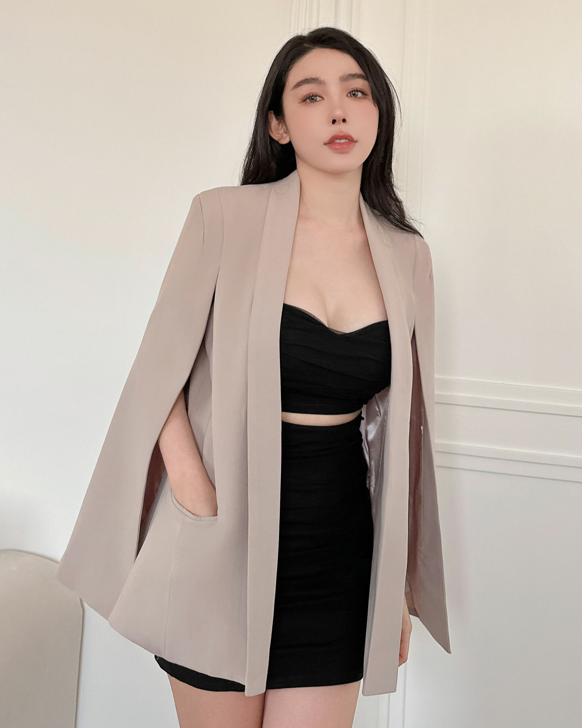 訂製-俐落斗篷直領西裝外套