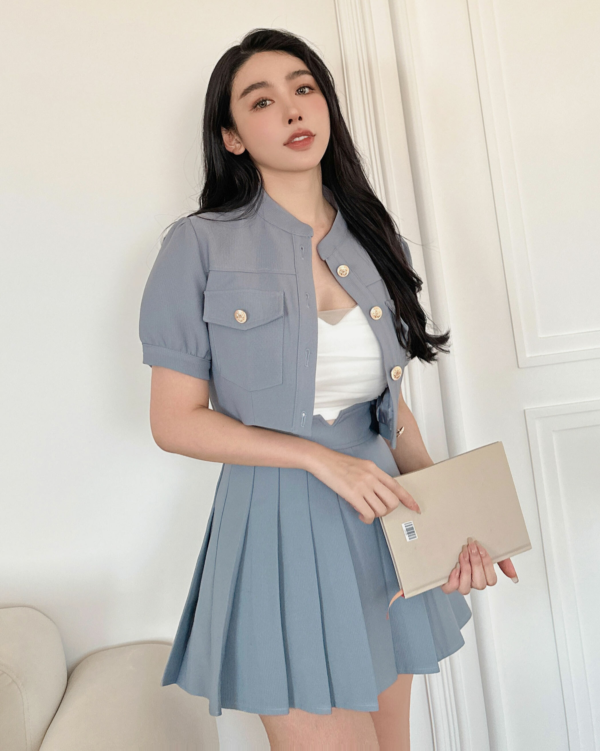 ⭒訂製-甜美公主袖立領百褶套裝