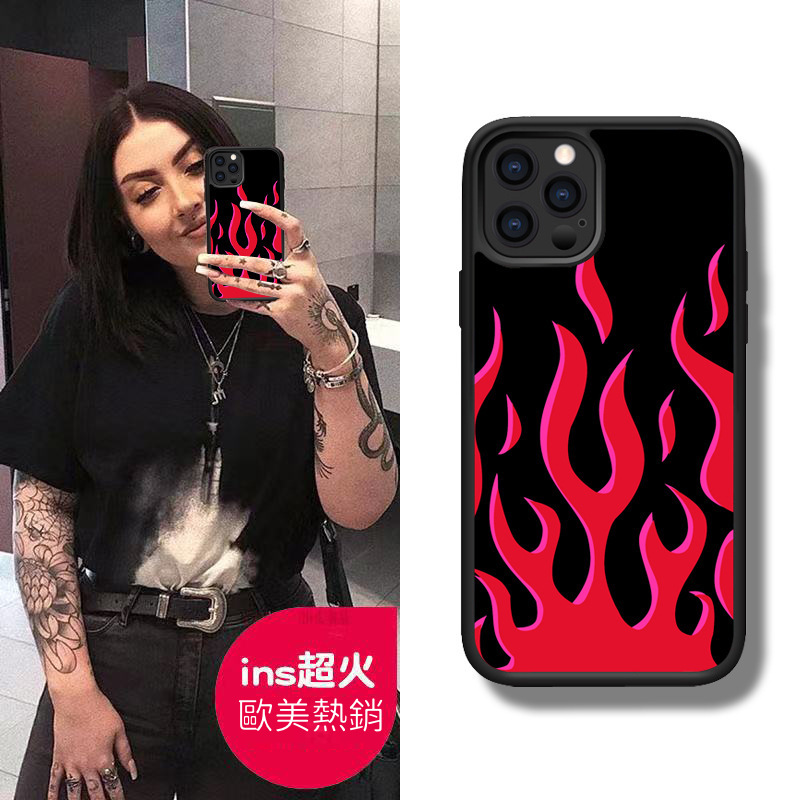 iPhone系列【黑色紅火】塗鴉彩繪系列防摔殼，黑邊TPU+鋁片二合一殼體 防摔、防塵、防刮花