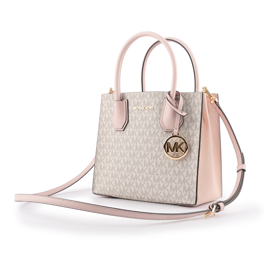 【Michael Kors】Mercer Logo 吊飾塗層帆布二用包(香草/粉色)