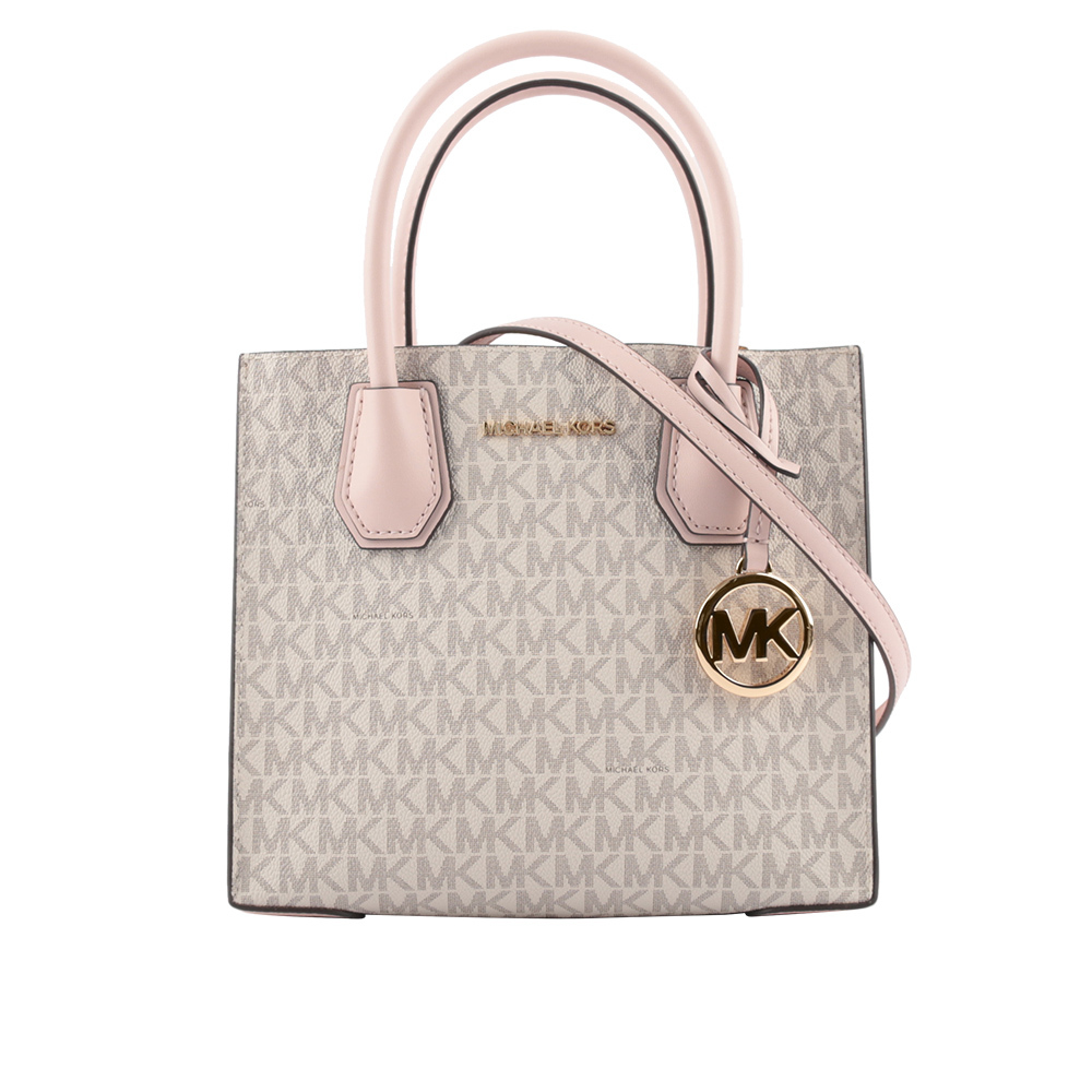 【Michael Kors】Mercer Logo 吊飾塗層帆布二用包(香草/粉色)