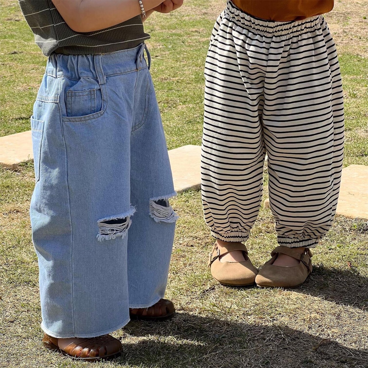 寬鬆淺藍刷破九分褲