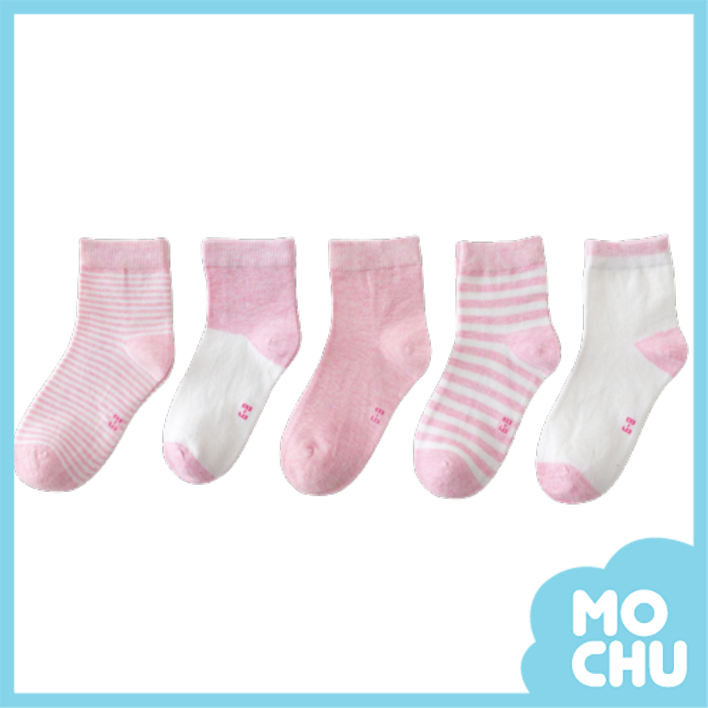 粉白條紋短襪五入組