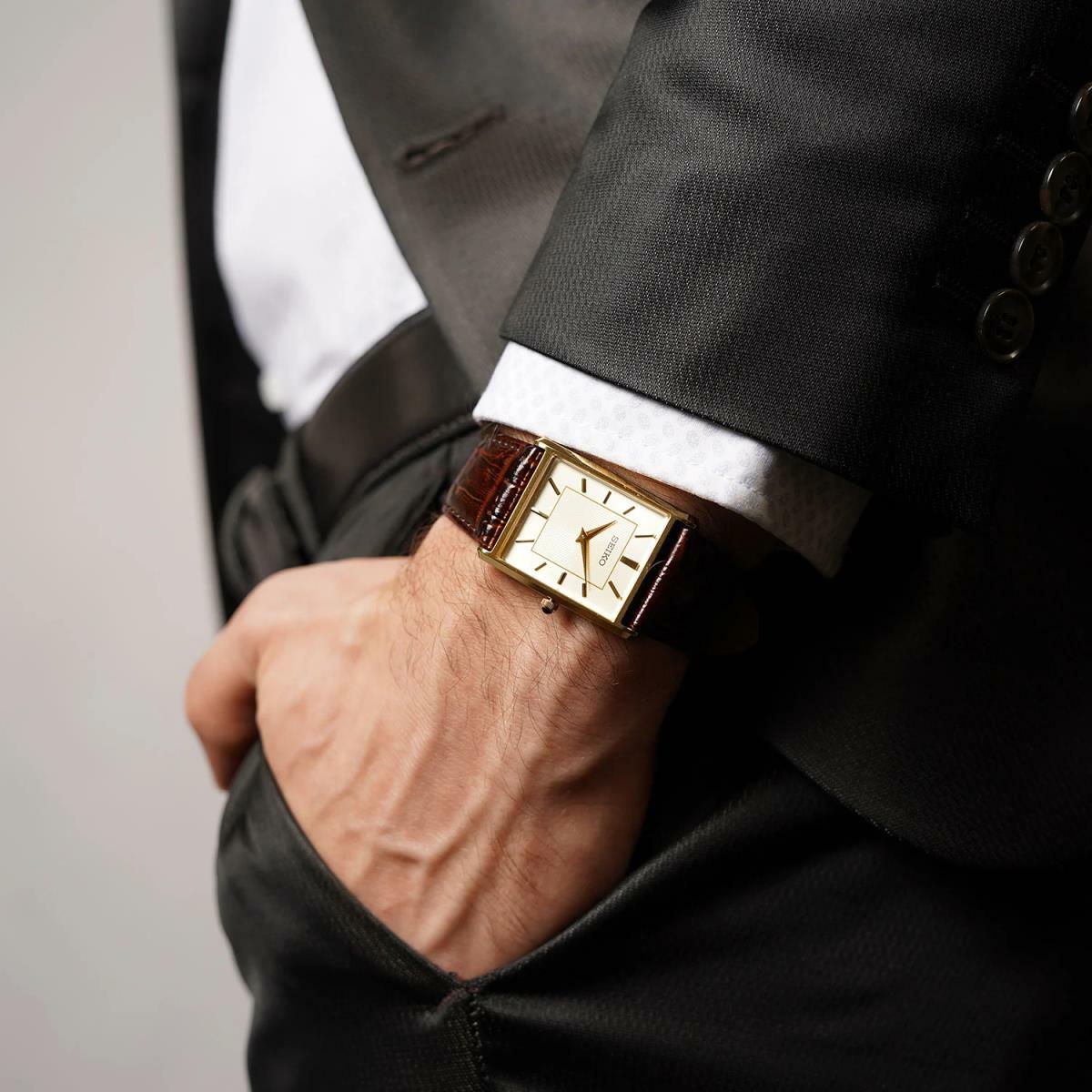 SEIKO 精工 SWR064 Tank 男裝 金色 方形 復古 石英 皮帶錶