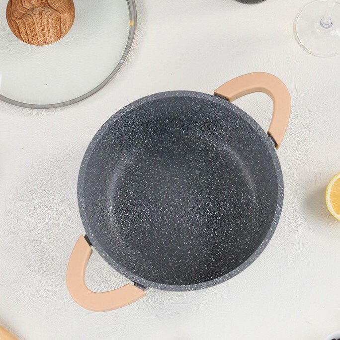 《2159》簡約深黑灰麥飯石雙耳含蓋湯鍋