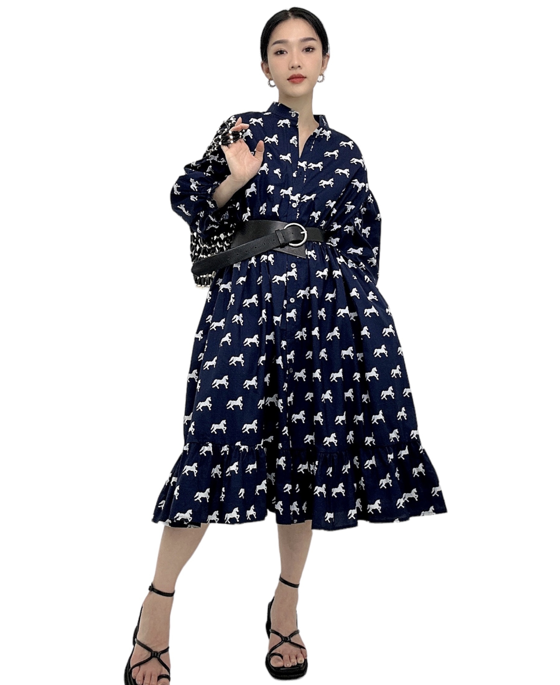 波點馬仔超寬鬆縮褶連身裙（現貨款式）