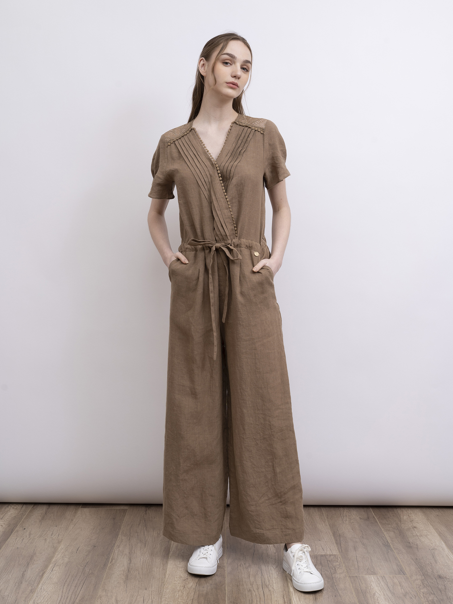 mi-tu 麻質V領連身褲